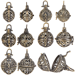 Sunnyclue 10pcs 5 pendentifs de cage creux en laiton rond de style, pour faire des colliers à pendentif carillon, bronze antique, 27~33x23~29x20~25mm, 2 pièces / style