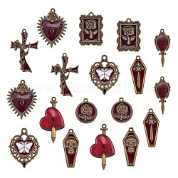 18 pièces 9 pendentifs en alliage de strass de style halloween, avec l'émail, pour bricolage collier bracelet boucle d'oreille accessoires, coeur avec papillon & croix & miroir, bronze antique, 30x25mm, 2 pcs