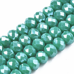 Chapelets de perles en verre électroplaqué, perle plaquée lustre, facette, rondelle, vert de mer clair, 6x5mm, Trou: 1mm, Environ 85~88 pcs/chapelet, 16.1~16.5 pouce (41~42 cm)