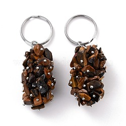 Porte-clés oeil de tigre naturel, avec les accessoires en laiton et en fer, sans cadmium et sans plomb, platine, 8.05 cm