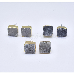 Pendientes de cuarzo druzy teñido natural, con fornituras de latón, cuadrado, dorado, gris, 9~11x9~11x4~7mm, pin: 0.7 mm