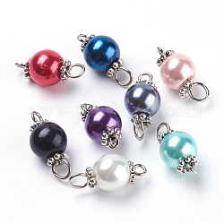 Conectores de eslabones de perlas de vidrio perlado, Con espaciadores de aleación de estilo tibetano y perno de ojo de hierro, redondo, color mezclado, 17x8mm, agujero: 2 mm