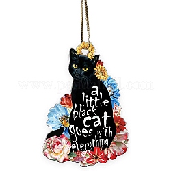 Christmas Cat Shape Acrylic Pendant Decoration, with Nylon Rope and Iron Bell, for Car Rear View Mirror Hanging Ornament, Flower, 79x55x4mm, Hole: 2.5mm