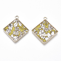 Alloy Pendants, with Cloth, Rhombus with Flower Pattern & Word Love, Light Gold, Light Khaki, 40x35x2.5mm, Hole: 3mm, Side Length: 26mm