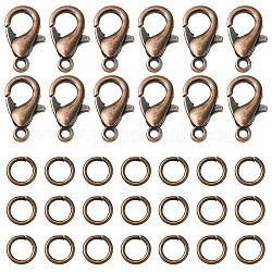 50Pcs Zinc Alloy Lobster Claw Clasps, Parrot Trigger Clasps, with 150Pcs Iron Open Jump Rings, Red Copper, 12x6mm, Hole: 1.2mm