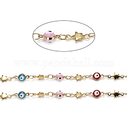 Handmade Brass Beaded Chains, with Enamel and Spool, Soldered, Long-Lasting Plated, Evil Eyes & Star, Colorful, Real 18K Gold Plated, 9x4.5x4mm, 9.5x4.5x1.5mm, about 32.8 Feet(10m)/roll