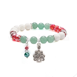 Bracelet extensible en pierre de lave naturelle (teinte) et aventurine verte, alliage arbre et verre charme bracelet de noël pour les femmes, colorées, diamètre intérieur: 2-1/4 pouce (5.8 cm)