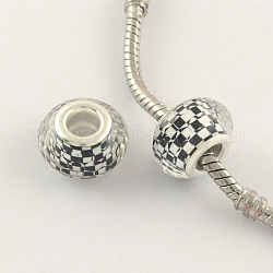 Mosaic Pattern Acrylic European Beads, with Silver Tone Brass Double Cores, Large Hole Rondelle Beads, Faceted, White, 14x9mm, Hole: 5mm
