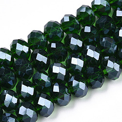 Abalorios de vidrio electroplate hebras, lustre de la perla chapado, facetados, rerondana plana, verde oscuro, 6x5mm, agujero: 1 mm, aproximamente 85~88 pcs / cadena, 16.1~16.5 pulgada (41~42 cm)
