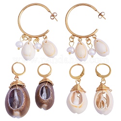 3 Pairs 3 Style 304 Stainless Steel Dangle Earrings, with Natural Cowrie Shell Beads and Pearl Beads, Golden, 1pair/style