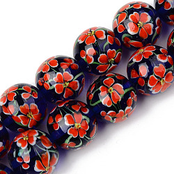Hilos de abalorios de murano hechos a mano, flor interna, redondo, rojo naranja, 19~20x19mm, agujero: 1.5 mm, aproximamente 20 pcs / cadena, 14.57 pulgada (37 cm)