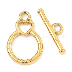 304 Stainless Steel Toggle Clasps, Ring with Heart, Real 18K Gold Plated, Ring: 21x14x2mm, Bar: 6x20x2mm, Hole: 2.5mm