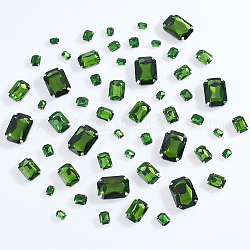 Ahadermaker 60 piezas 5 estilos rectángulo octágono forma coser en rhinestone, Diamantes de imitación de cristal, enlaces de 4 agujero, con ajuste de acero inoxidable, Accesorios de la ropa, verde helecho, 8~25x6~18x4~8.5mm, agujero: 0.8~1.2 mm