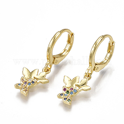 Brass Micro Pave Cubic Zirconia(Random Mixed Color) Dangle Hoop Earrings, Butterfly, Golden, 25mm, Pin: 0.7mm