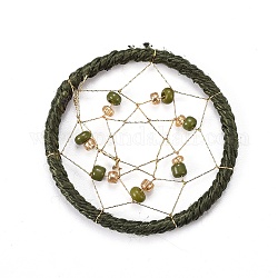 Geflochtene Netzanhänger aus Eisen, mit Nylonschnur, Polyesterfaden und Saatperlen, für gewebtes Netz / Gewebe mit Federn, dunkel olivgrün, 32x2~2.5 mm