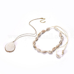 Shell Pendants Necklaces and Choker Necklaces Sets, with 304 Stainless Steel Findings, Brass Cable Chains and Korean Waxed Polyester Cord, Golden, 18.89 inch(48cm), 12.13 inch~26.14 inch(30.8~66.4cm), 2pcs/set
