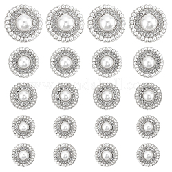 Bottoni con gambo in lega di zinco stile wadorn 4, 1-foro, con finte perle di plastica, per accessori per l'abbigliamento, rotondo e piatto, platino, 15~25x4.5~7.5mm, Foro: 1.8~1.9 mm, 20pcs/scatola