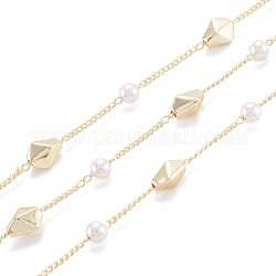 Chaînes de perles en laiton faites à la main de 3.28 pied, avec maillons en laiton et perles d'imitation acrylique, Plaqué longue durée, soudé, or clair, 1.2mm, lien: 7x6x4 mm, perle: 4x3.5 mm