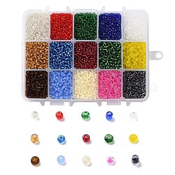 375g 15 colores cuentas de semillas de vidrio, colores transparentes, redondo, color mezclado, 8/0, 3~4x2~3mm, agujero: 0.8~1 mm, 25 g / color