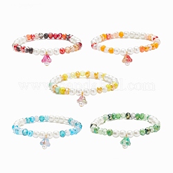 Glass Pearl & Flower Beaded Stretch Bracelet with Bell Charm for Women, Mixed Color, Inner Diameter: 2 inch(5.2cm)