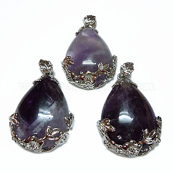 Valentine Gifts Idea for Guys Natural Amethyst Pendants, with Alloy Pendant Findings, teardrop, Purple, Amethyst, 38x26x8mm, Hole: 5x4mm