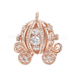 Brass Cage Pendants, For Chime Ball Pendant Necklaces Making, with Micro Pave Cubic Zirconia, Hollow Pumpkin Carriage, Clear, Rose Gold, 28x26x17mm, Hole: 3mm, Inner Measure: 15.5m
