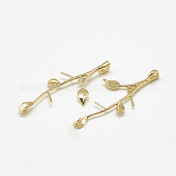 Brass Peg Bails Pendants, For Half Drilled Bead, with Cubic Zirconia, Branch, Clear, Real 18K Gold Plated, 35x15.5x1mm, Hole: 1~3x1.5mm, Pin: 1mm