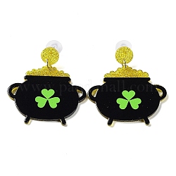 Boucles d'oreilles pendantes en acrylique étincelant de la Saint-Patrick, trèfle, noir, 52x45.5mm