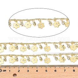 Gestellplattierte Blumen-Gliederketten aus Messing, mit klaren Glasanhängern, langlebig plattiert, gelötet, mit Spule, Licht Gold, Blume: 10x7x0.2 mm, Flachrund: 6x4x3 mm, ca. 32.81 Fuß (10m)/Rolle