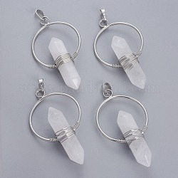 Natural Quartz Crystal Double Terminated Pointed Pendants, Rock Crystal, with Brass Findings, Bullet, Platinum, 57.5~59x33.2~34x12~12.5mm, Hole: 7.5~8x5mm