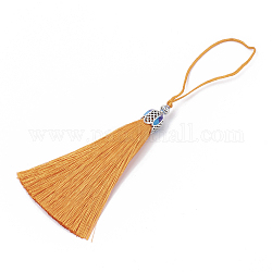 Groses décorations de pendentif pompon en nylon, avec les accessoires émaillés et en alliage, platine, orange, 80~84x10.5~11mm