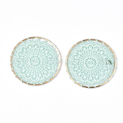 Décorations de pendentif tissées de polyester, avec les accessoires en fer, plat rond, or clair, turquoise pale, 46x1.5mm