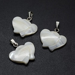 Pendentifs en coquille, avec les accessoires en laiton, à double cœur, platine, 18~19x19~20x3~5mm, Trou: 2x5mm