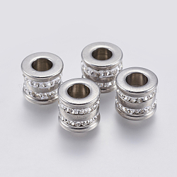 201 Stainless Steel Beads, with Polymer Clay Rhinestone, Large Hole Beads, Grooved, Column, Stainless Steel Color, 12x10.5mm, Hole: 6mm