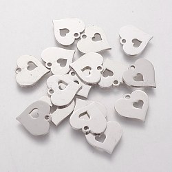 Encantos de 304 acero inoxidable, estampar etiqueta en blanco, corazón con el corazón, color acero inoxidable, 12.5x12.5x1.2mm, agujero: 1 mm