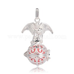 Silver Color Plated Brass Hollow Round Cage Pendants, with No Hole Spray Painted Brass Beads, Pink, 47x30x21mm, Hole: 3x8mm