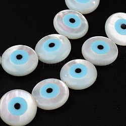 Perles en coquillage naturel, rond et plat avec des mauvais œil, blanc, 12x3.5mm, Trou: 1mm