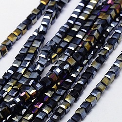 Abalorios de vidrio electrochapdo, color de ab chapado, facetados, cubo, negro, 4x4x4mm, agujero: 1 mm, aproximamente 98 pcs / cadena, 15.7 pulgada