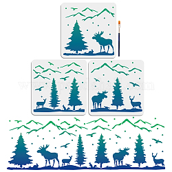 MAYJOYDIY US 1 Set PET Hollow Out Drawing Painting Stencils, with 1Pc Art Paint Brushes, for DIY Scrapbook, Photo Album, Mountain & Tree, Deer Pattern, Stencils: 300x300mm, 3pcs/set, Brushes: 169x5mm, 1pc