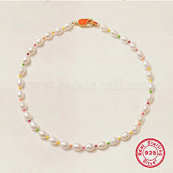 Collane di perle di perle naturali per le donne, con 925 accessorio in argento sterling e perline di vetro, vero placcato oro 18k, 16.14 pollice (41 cm)