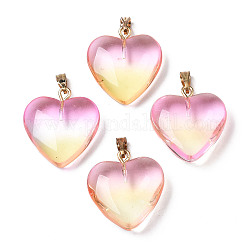 Zweifarbige sprühlackierte Glasanhänger, mit vergoldeten Eisenbügeln, Herz, Champagnergelb, 22x20.5x7 mm, Bohrung: 6x2 mm