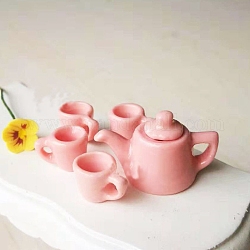 Mini service à thé en porcelaine, y compris 1 théière, 4 tasse à thé, pour accessoires de maison de poupée, faire semblant de décorations d'accessoires, rose, tasse à thé: 10x6x6mm, théière: 24x12x16mm