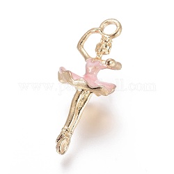 Pendentifs en alliage, avec l'émail, fille de danse, or clair, perle rose, 28x11x10mm, Trou: 2.5mm