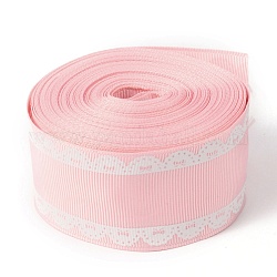 Polyester Printed Grosgrain Ribbon, Single Face Lace Pattern, for DIY Handmade Craft, Gift Decoration  , Pink, 1-1/2 inch(38mm), 10 yards/roll(9.14m/roll)