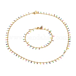 304 ensemble de colliers et bracelets en acier inoxydable émaillé gourmette, avec des pattes de chaîne, anneaux de saut et fermoirs à pince de homard, colorées, or, 19.2~44.3x0.15 cm, 2 pièces / kit