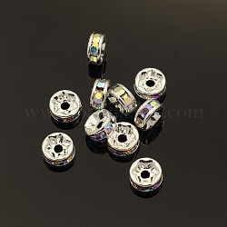 Brass Rhinestone Spacer Beads, Grade AAA, Straight Flange, Nickel Free, Silver Color Plated, Rondelle, Crystal AB, 7x3.2mm, Hole: 1.2mm