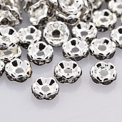Perles séparateurs en laiton avec strass, Grade a, bord ondulé, couleur argentée, rondelle, diamant noir, 8x3.8mm, Trou: 1mm