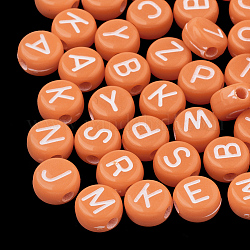 Perline acrilico opaco, foro orizzontale, lettere misti, piatta e rotonda con la lettera, lettere casuali, arancione scuro, 7x4mm, Foro: 1.5 mm