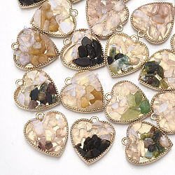 Pendentifs en pierres précieuses naturelles, avec les accessoires en alliage, cœur, or clair, couleur mixte, 22x20x4.5~8mm, Trou: 1.8mm