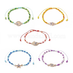 Alliage émail mauvais œil et graine de verre bracelet de perles tressées avec strass en cristal pour les femmes, formes mixtes, diamètre intérieur: 2~3-1/4 pouce (5~8.3 cm)